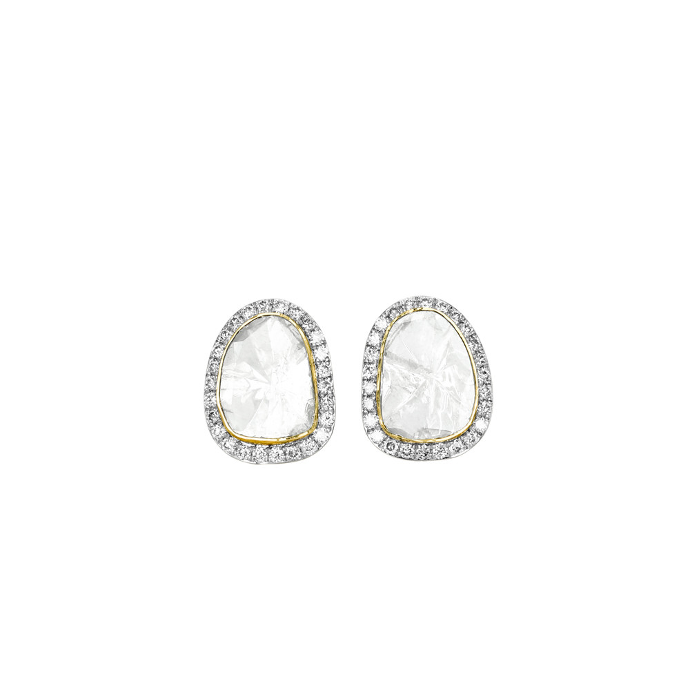 Polki Stud Earrings with Fine-Cut Diamond Halo Border